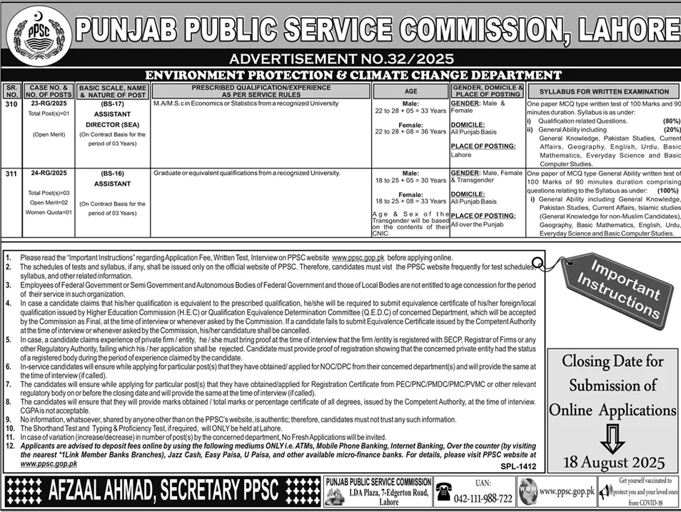 Jobs in Punjab Public Service Commission Lahore